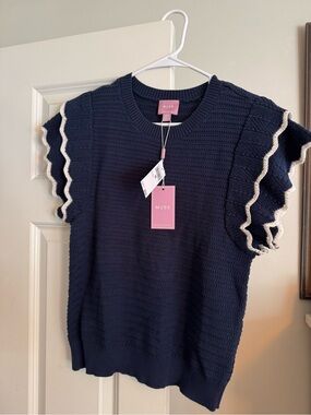 Muse Navy Knit Top with Cream-Trimmed Ruffle Sleeves